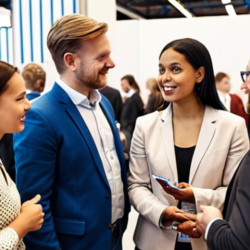 **Prompt:** A diverse group of professionals networking at a career fair in Gothenburg, Sweden, focus on friendly interactions and business attire.