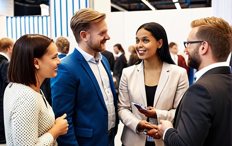 **Prompt:** A diverse group of professionals networking at a career fair in Gothenburg, Sweden, focus on friendly interactions and business attire.