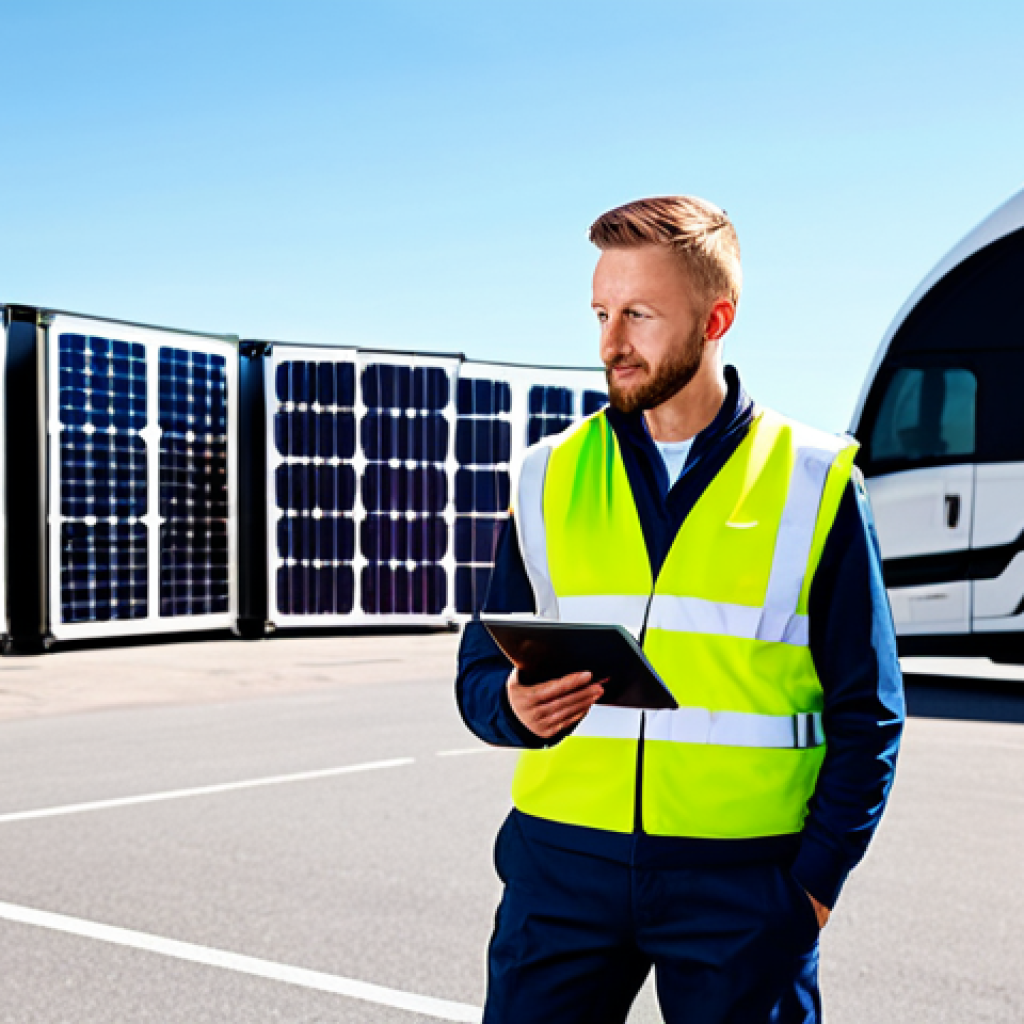 A professional male truck driver, fully clothed in a clean, modern work uniform with a high-visibility vest, standing beside a sleek electric semi-truck at a bustling, sustainable logistics hub in Sweden. In the background, solar panels are visible on warehouse roofs under a clear sky, symbolizing green energy. The driver holds a tablet, reviewing delivery details with a focused, confident expression. The image emphasizes efficiency and environmental consciousness. Professional photography, high detail, perfect anatomy, correct proportions, natural pose, well-formed hands, proper finger count, natural body proportions, safe for work, appropriate content, fully clothed, professional.