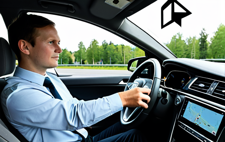 A young adult, fully clothed in modest, appropriate attire, sits attentively in the driver's seat of a modern electric vehicle, focusing on the digital navigation system displayed on the car's central screen. A professional driving instructor, also fully clothed in professional dress, calmly observes from the passenger seat. The clean and contemporary interior of the car suggests advanced technology. Through the windshield, a typical, well-maintained Swedish suburban street with modern buildings and green spaces is visible under clear daylight. This professional scene captures a safe for work, appropriate content, family-friendly driving lesson emphasizing digital competence and the use of modern vehicle systems. The image features perfect anatomy, correct proportions, a natural pose, well-formed hands, and proper finger count, presented with high-quality professional photography.