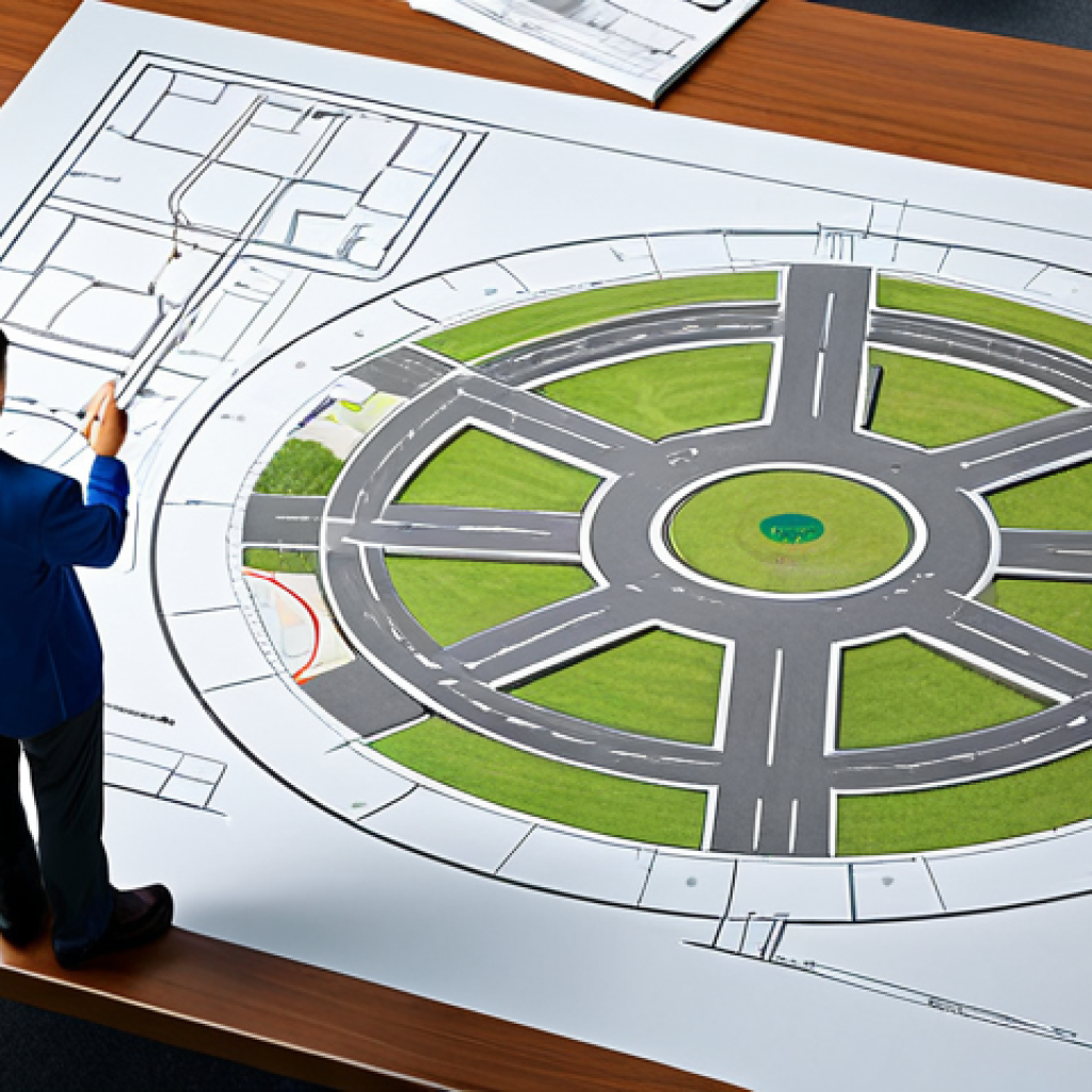 **

A professional traffic safety engineer, fully clothed in appropriate attire, inspecting a roundabout design blueprint in a modern office setting. Safe for work. Perfect anatomy, correct proportions, natural pose. Professional, modest, family-friendly. High quality rendering, detailed.

**