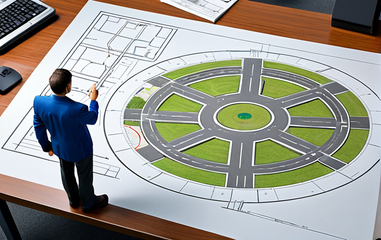 **

A professional traffic safety engineer, fully clothed in appropriate attire, inspecting a roundabout design blueprint in a modern office setting. Safe for work. Perfect anatomy, correct proportions, natural pose. Professional, modest, family-friendly. High quality rendering, detailed.

**