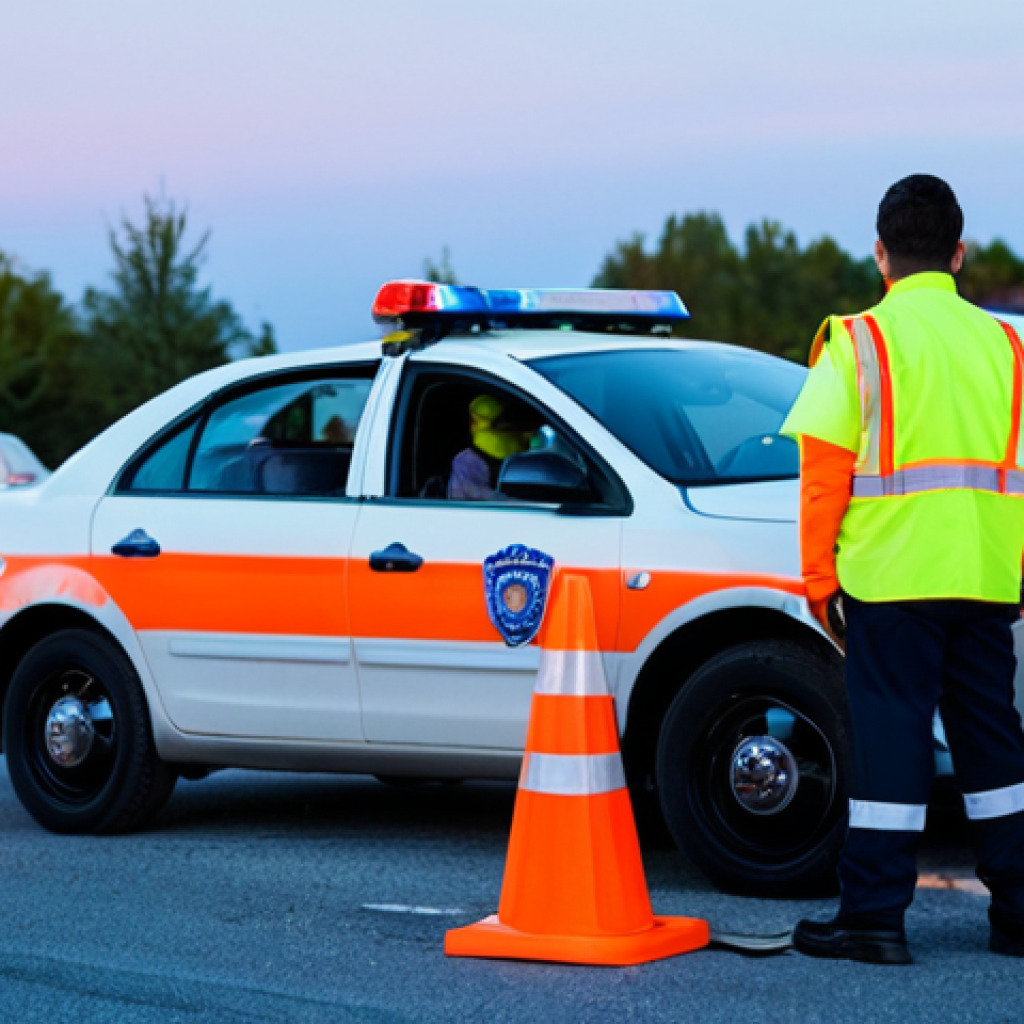 **

"A first responder, fully clothed in a high-visibility safety vest and work attire, is securing a car accident scene at dusk. Orange traffic cones and caution tape are visible. A police car with flashing lights is parked in the background. Focus on the professional demeanor and preparedness. safe for work, appropriate content, perfect anatomy, correct proportions, professional scene, modest. Family-friendly."

**