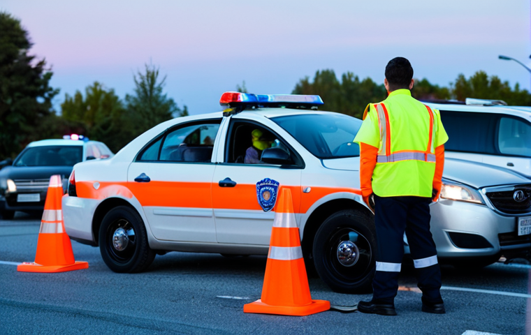 **

"A first responder, fully clothed in a high-visibility safety vest and work attire, is securing a car accident scene at dusk. Orange traffic cones and caution tape are visible. A police car with flashing lights is parked in the background. Focus on the professional demeanor and preparedness. safe for work, appropriate content, perfect anatomy, correct proportions, professional scene, modest. Family-friendly."

**