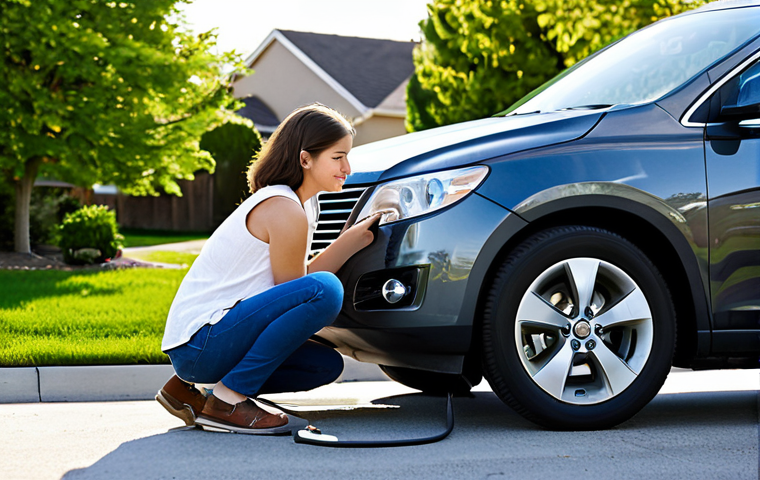Practical Car Ownership**

"A young adult woman, fully clothed in casual, modest attire, checking the tire pressure of her compact car in a suburban driveway, daytime, safe for work, appropriate content, professional photography, perfect anatomy, natural proportions, family-friendly, clear focus, well-formed hands."

**
