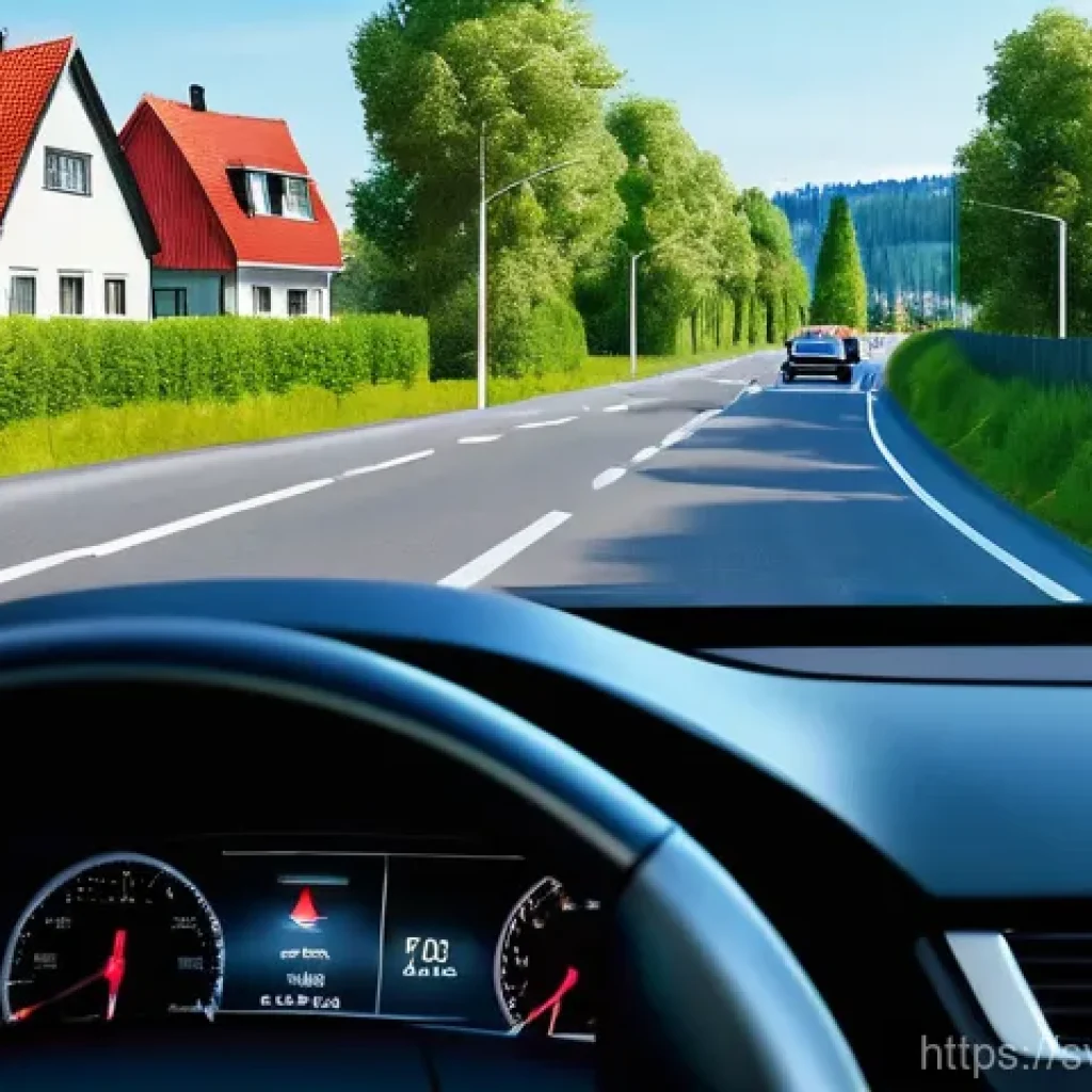 도로교통사 필기시험에서 자주 나오는 문제 - **Swedish Road Sign Interpretation:**
    A focused driver, depicted from a slight aerial view insid...