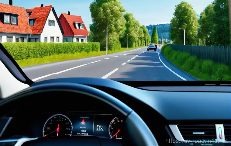 도로교통사 필기시험에서 자주 나오는 문제 - **Swedish Road Sign Interpretation:**
    A focused driver, depicted from a slight aerial view insid...