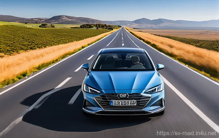 도로교통사 필기시험에서 자주 나오는 문제 - **Eco-Driving on a Scenic Route:**
    A sleek, modern compact car (e.g., a generic European hatchba...