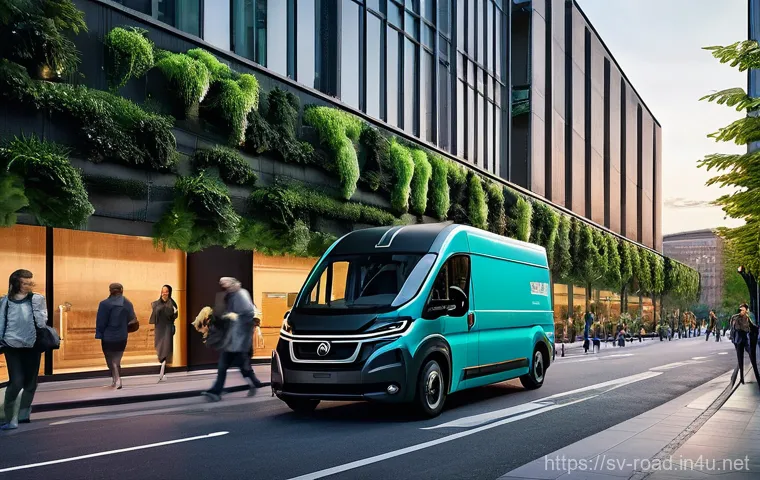 도로교통사와 관련된 유망 직종 - **Sustainable Urban Delivery of the Future:**
    A vibrant, futuristic city street scene at dusk. A...