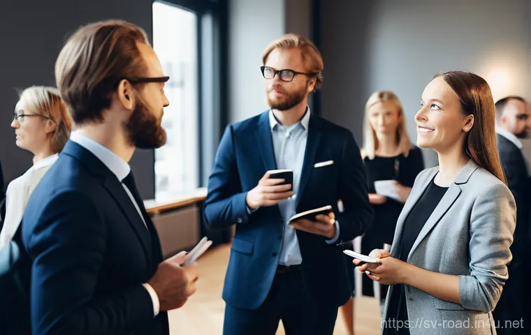 도로교통사 이직 시 연봉 상승 비결 - **Prompt:** A diverse group of modern Swedish professionals, including both men and women, gathered ...