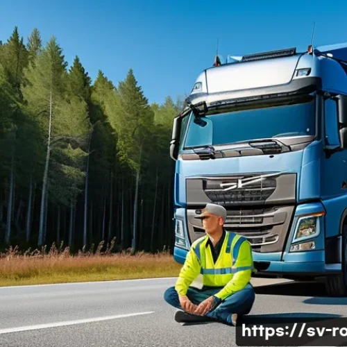 도로교통사 직무 스트레스 해소법 - A professional truck driver taking a short break on a scenic Swedish roadside, wearing comfortable c...