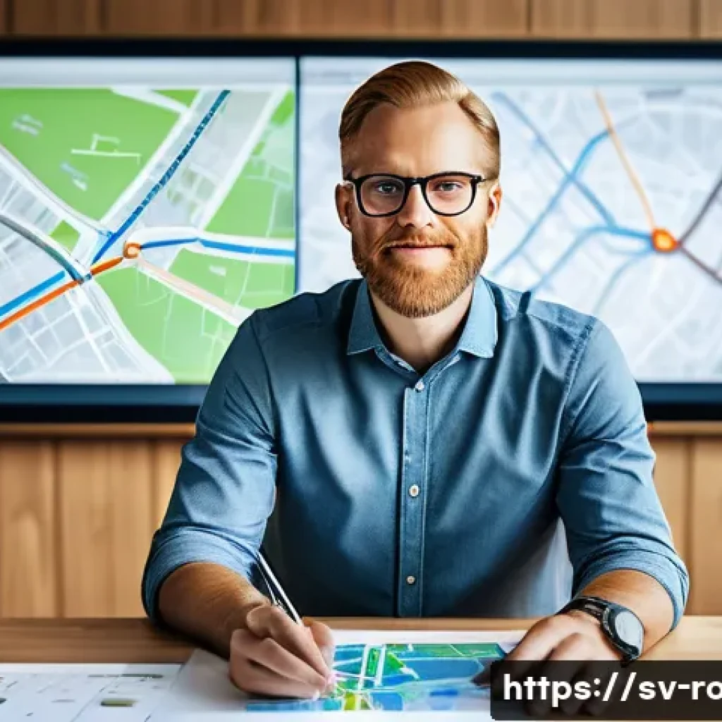 도로교통사와 연계된 직무의 종류 - A detailed scene of a Swedish traffic planner at work inside a modern office, surrounded by large di...