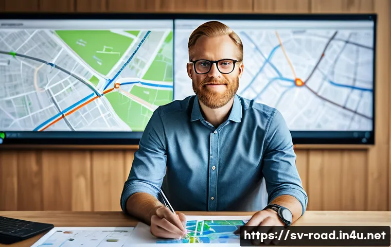 도로교통사와 연계된 직무의 종류 - A detailed scene of a Swedish traffic planner at work inside a modern office, surrounded by large di...