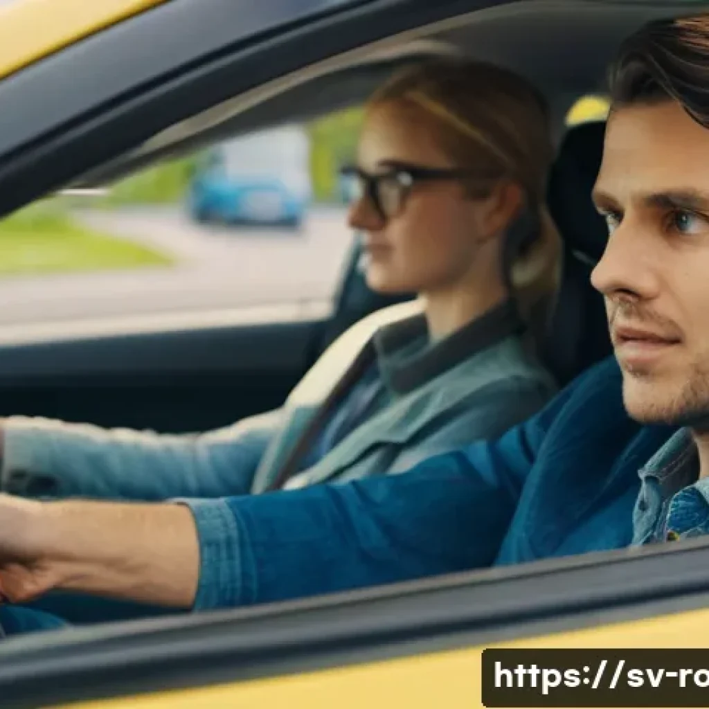 도로교통사 자격증 취득을 위한 장기 목표 - A young adult Swedish learner sitting inside a modern car during a driving lesson, wearing casual cl...
