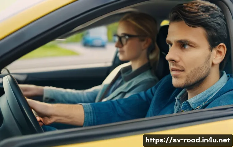 도로교통사 자격증 취득을 위한 장기 목표 - A young adult Swedish learner sitting inside a modern car during a driving lesson, wearing casual cl...