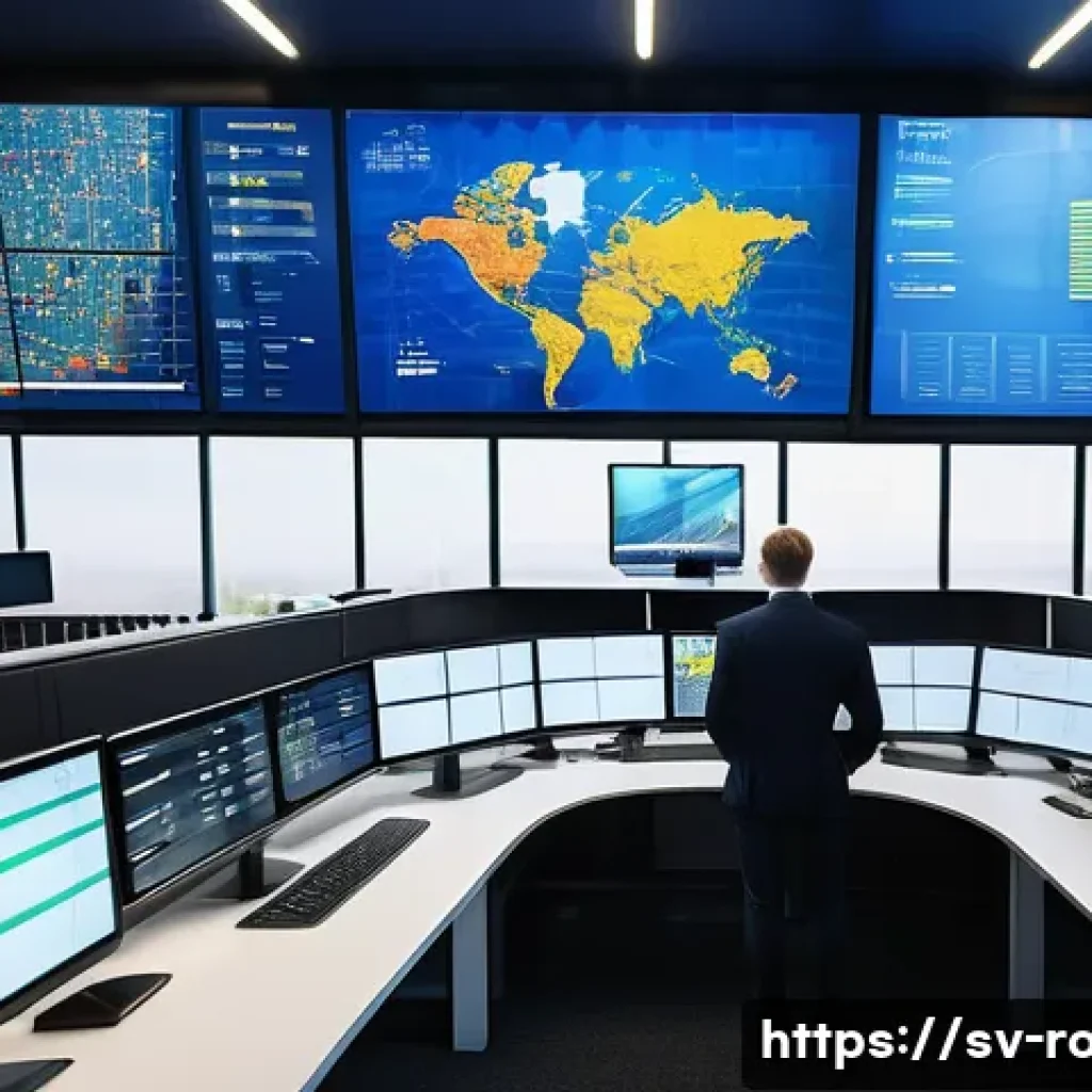 도로교통사 직무에서의 성공 전략 - A modern Swedish urban traffic control center interior with multiple large digital screens displayin...