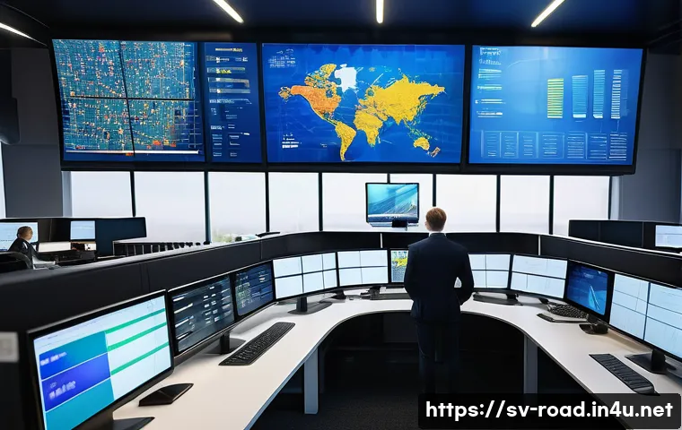 도로교통사 직무에서의 성공 전략 - A modern Swedish urban traffic control center interior with multiple large digital screens displayin...
