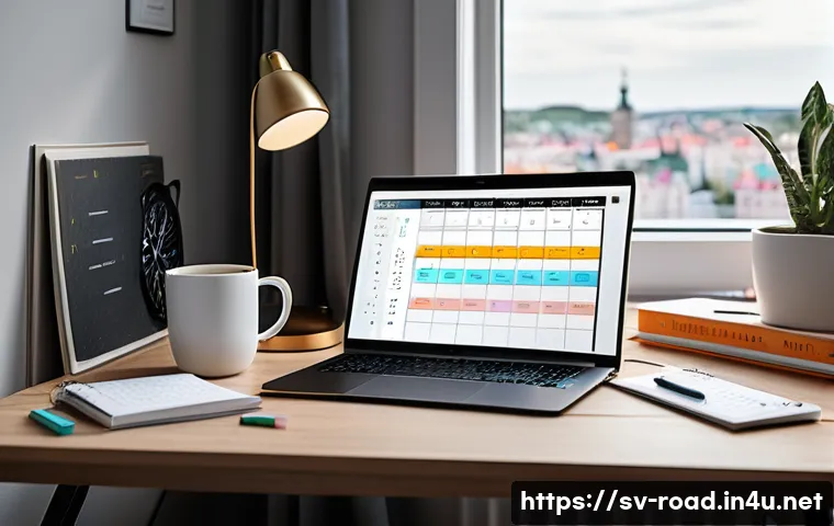 도로교통사 시험 준비를 위한 학습 방법 정리 - A detailed study desk setup in a cozy Scandinavian-style room, featuring a modern laptop displaying ...