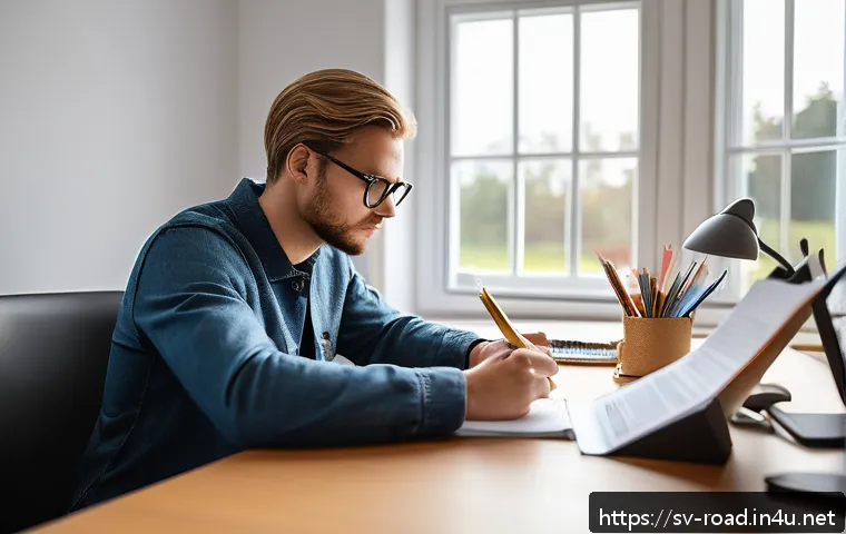 도로교통사 필기시험 고득점 요령 - A focused young adult studying for a Swedish driver's theory test at a tidy desk in a bright room, w...
