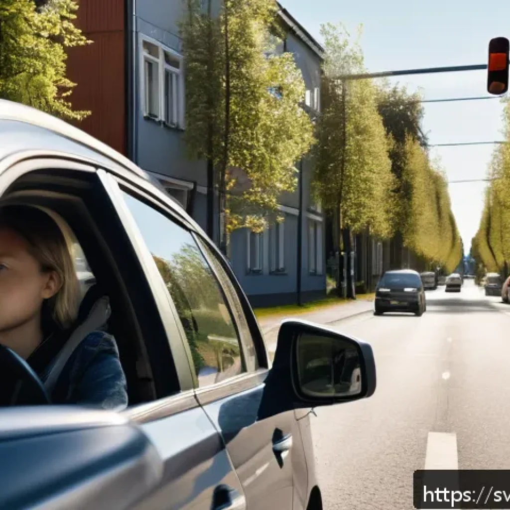 도로교통사 실기시험 합격률 높이는 방법 - A detailed scene of a young Swedish driving student practicing parking in a calm suburban street dur...