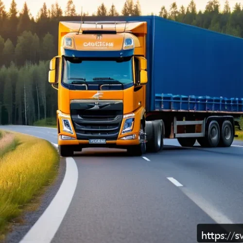 도로교통사 연봉 상향 사례 - A professional long-haul truck driver standing beside a modern Swedish articulated lorry on a scenic...