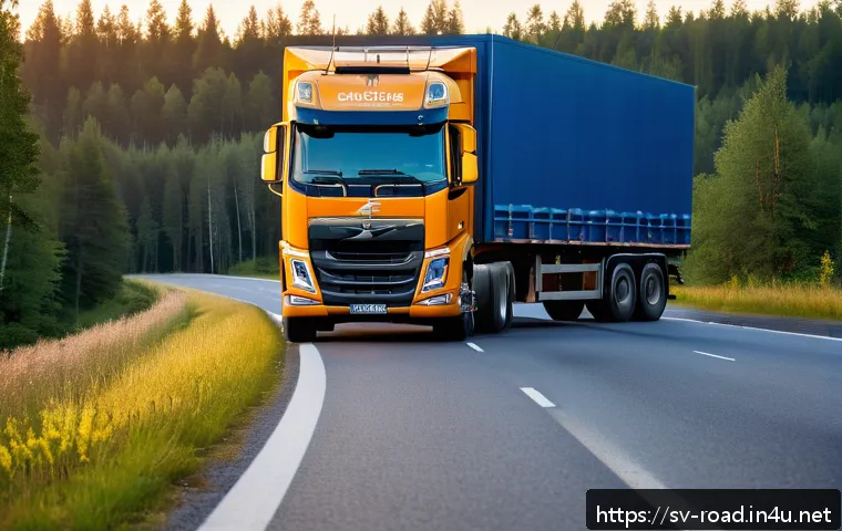 도로교통사 연봉 상향 사례 - A professional long-haul truck driver standing beside a modern Swedish articulated lorry on a scenic...