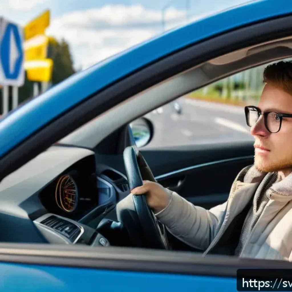 도로교통사 시험 난이도 분석 - A detailed urban driving scene in Sweden showing a young adult learner driver wearing comfortable la...