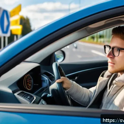 도로교통사 시험 난이도 분석 - A detailed urban driving scene in Sweden showing a young adult learner driver wearing comfortable la...