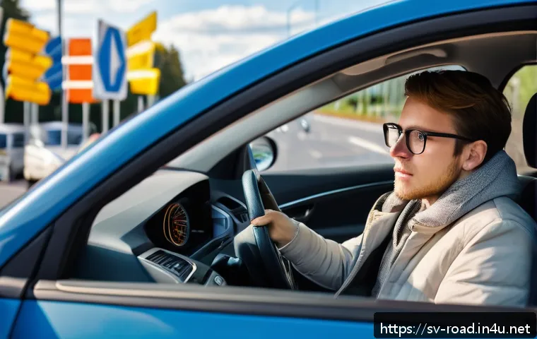 도로교통사 시험 난이도 분석 - A detailed urban driving scene in Sweden showing a young adult learner driver wearing comfortable la...