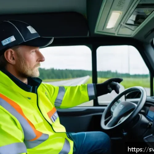 도로교통사 취업 준비 과정 - A professional Swedish truck driver in modern safety gear, wearing a high-visibility jacket and prot...