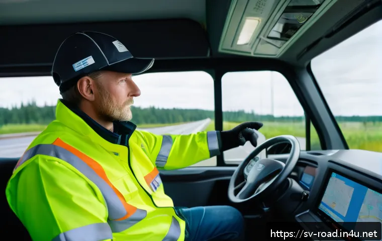 도로교통사 취업 준비 과정 - A professional Swedish truck driver in modern safety gear, wearing a high-visibility jacket and prot...