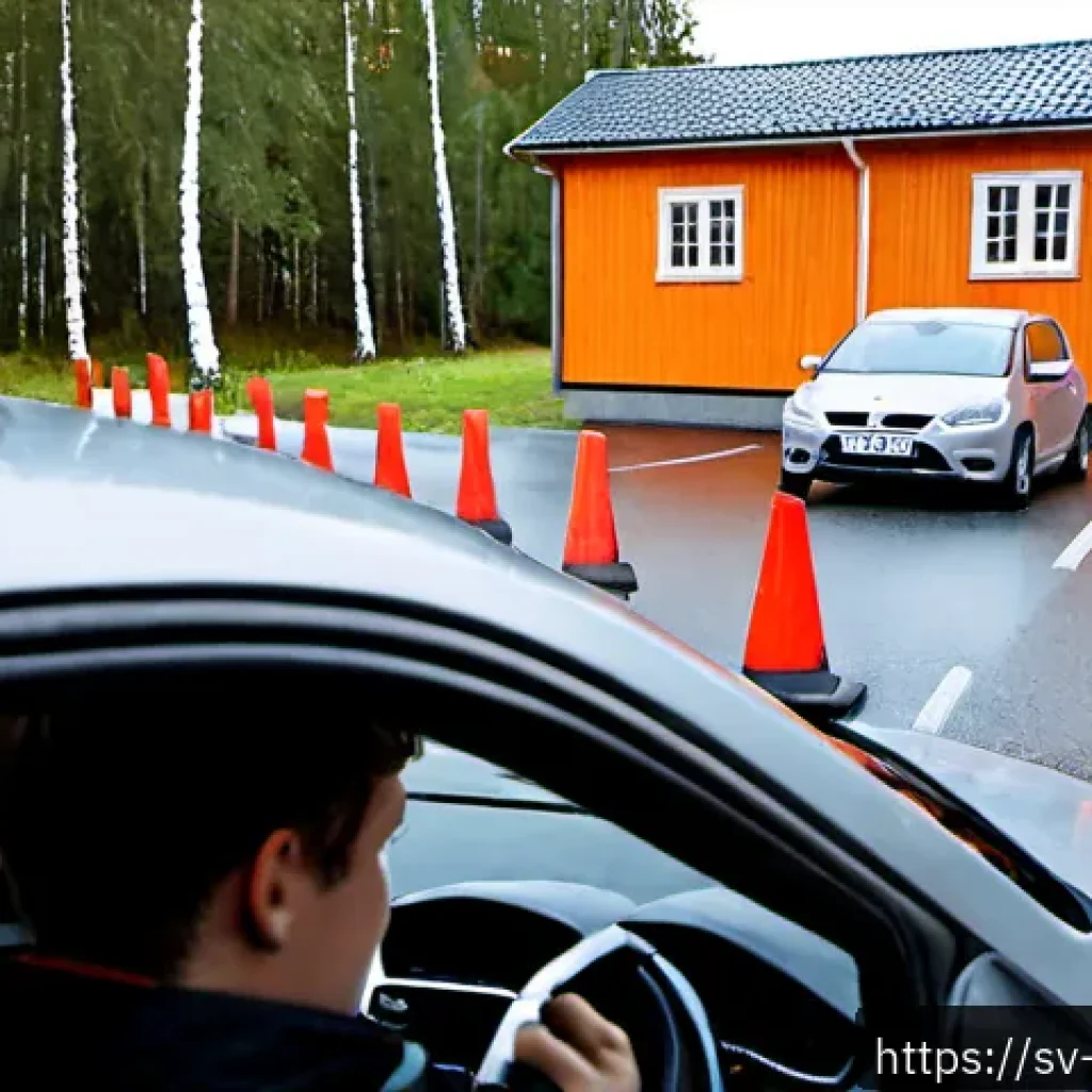 도로교통사 실기시험 준비 요령 - Photorealistic Swedish driving test preparation scene at a quiet training lot outside Stockholm, a y...
