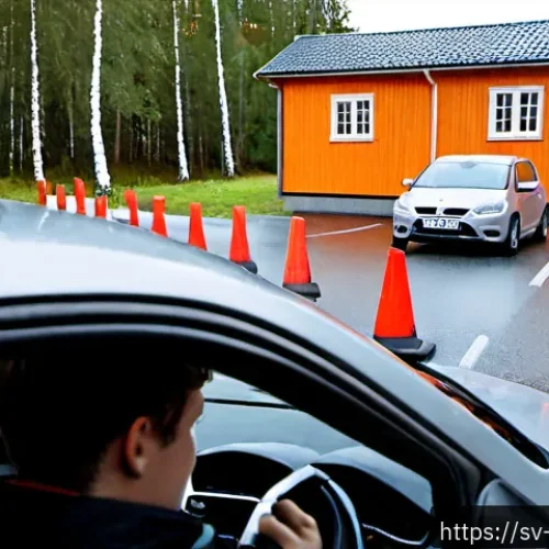 Home 17 도로교통사 실기시험 준비 요령 - Photorealistic Swedish driving test preparation scene at a quiet training lot outside Stockholm, a y...