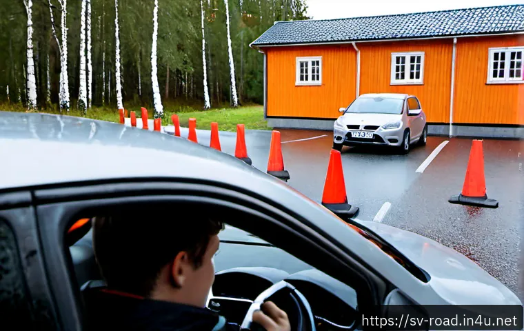 도로교통사 실기시험 준비 요령 - Photorealistic Swedish driving test preparation scene at a quiet training lot outside Stockholm, a y...