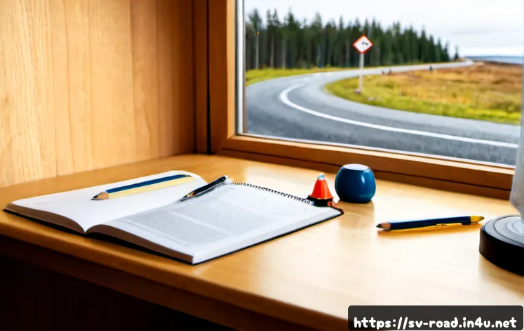 Home 30 도로교통사 자격증 취득을 위한 필수 자료 - Photorealistic Swedish driving theory study scene, mature student seated at a clean wooden desk with...