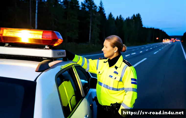 Home 17 도로교통사 근무시간과 워라밸 - Photorealistic Swedish traffic police officer in a reflective uniform finishing an evening shift, ca...