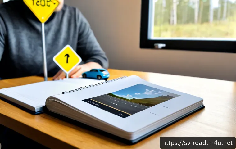 도로교통사 필기시험 성공을 위한 학습 전략 - Photorealistic Swedish driving theory study scene, focused adult learner at a clean wooden desk revi...