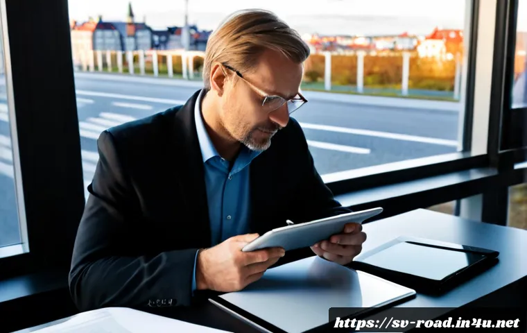 Home 15 도로교통사 경력직 이직 팁 - Photorealistic Swedish road traffic engineer in their late 30s reviewing a professional portfolio an...