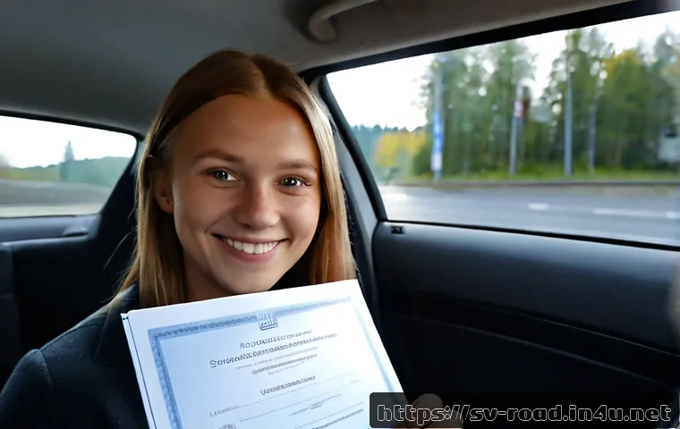 도로교통사 시험 합격자 후기 - Photorealistic Swedish young adult smiling with quiet pride inside a parked driving school car after...